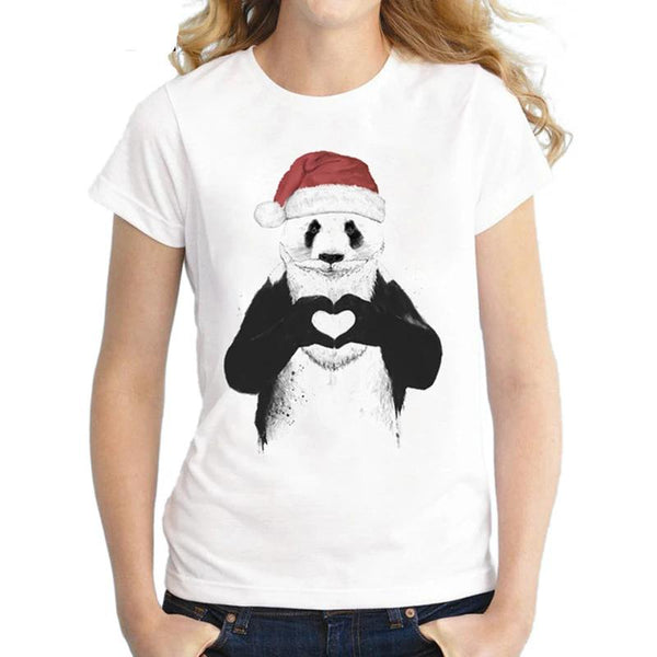 T-Shirt Panda Blanc Chapeau de Noël
